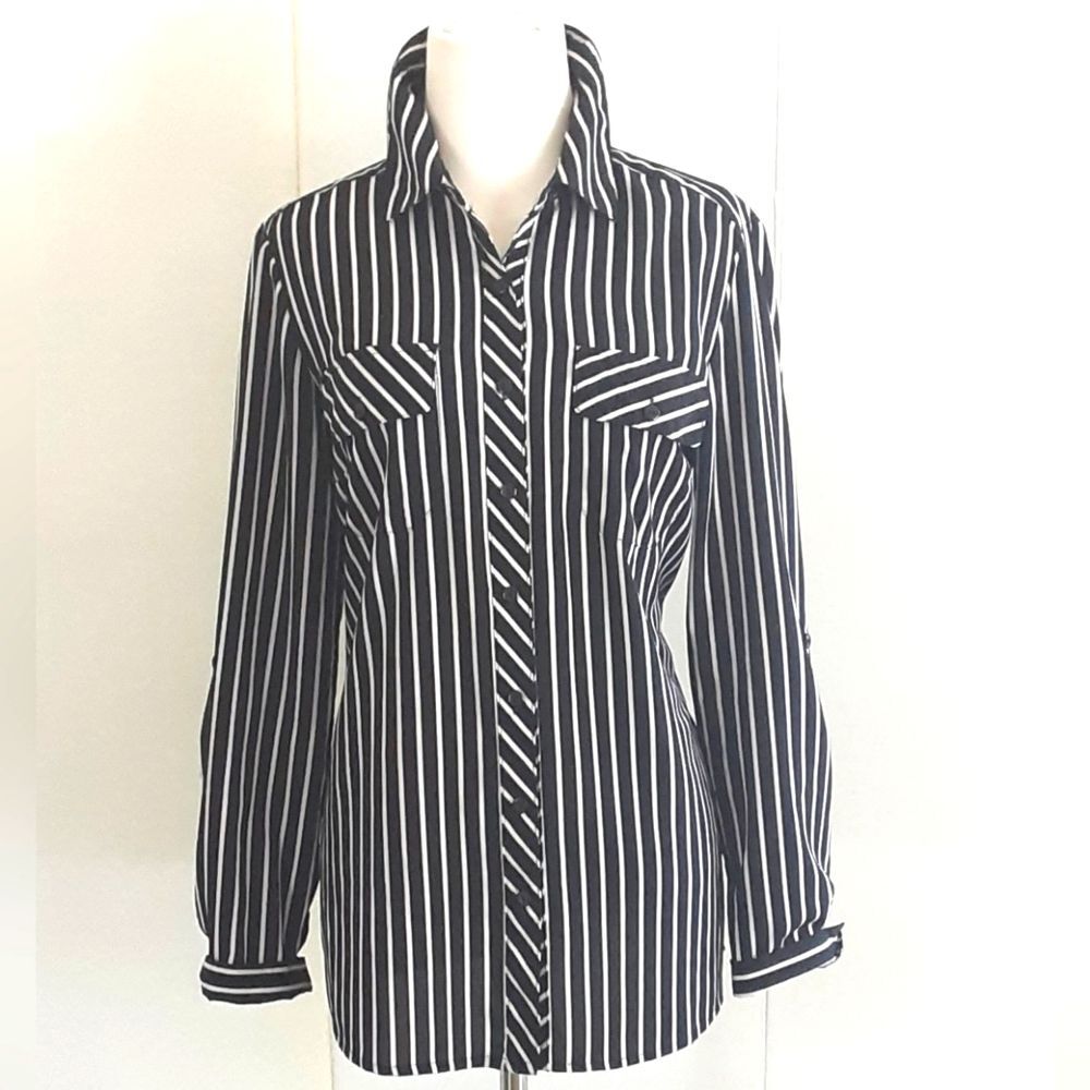 NOTATIONS Black|White Button Down Long Sleeve Roll-Tab Breast Pocket Shirt Sz S